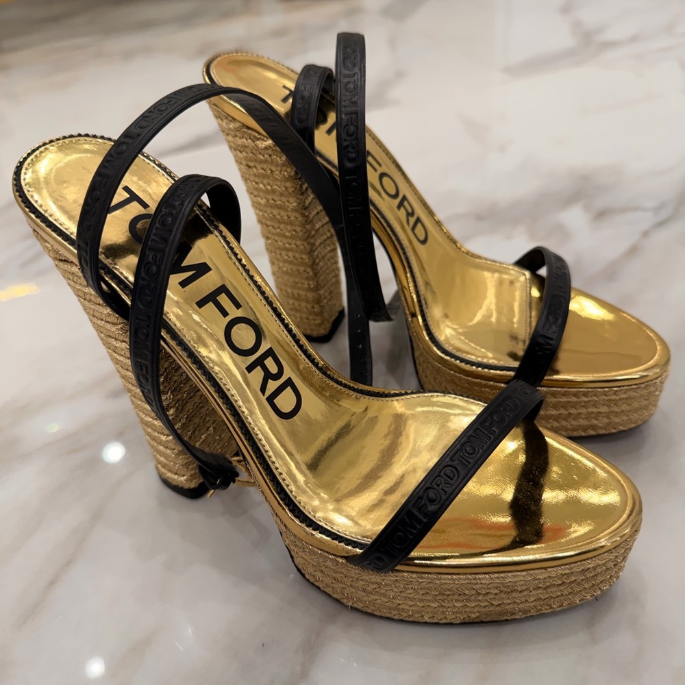 Tom Ford Black and Gold Platform Sandals